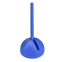 Blue plunger with a long handle and a round suction cup, used for unclogging drains/ toilets.