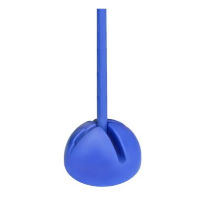 Blue plunger with a long handle and a round suction cup, used for unclogging drains/ toilets.