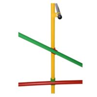 Colorful plastic construction-frame with a yellow vertical post, a green diagonal brace crossing it, and a red horizontal base bar; a small gray hook sits near the top.