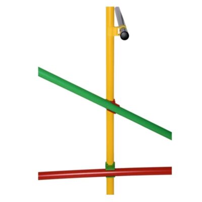 Colorful plastic construction-frame with a yellow vertical post, a green diagonal brace crossing it, and a red horizontal base bar; a small gray hook sits near the top.