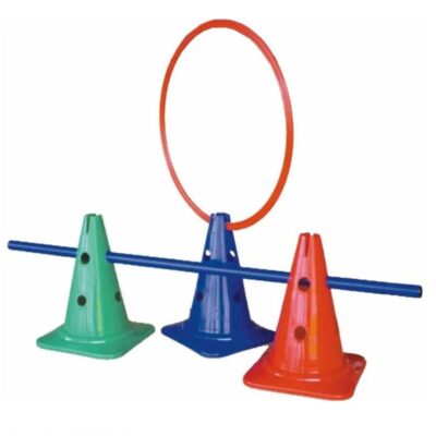 Colorful ring toss toy with three cone bases (green, blue, red) and a red hoop loop mounted on a blue rod