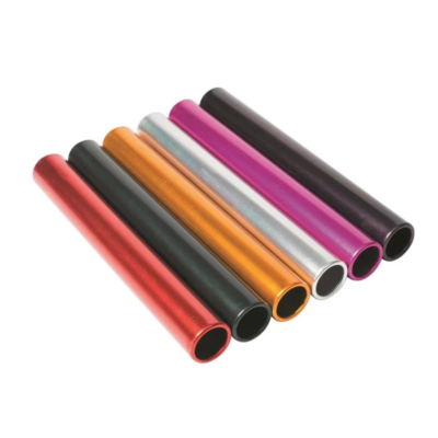 Diagonal row of colorful metallic drinking straws in red, green, orange, silver, light blue, pink, purple, and black