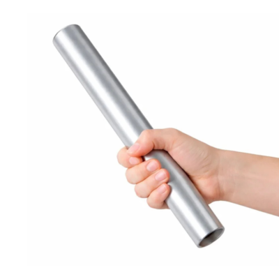 Close-up of a hand gripping a long silver metal cylindrical tube