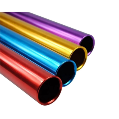 Set of colorful metallic foil tubes laid diagonally (red, blue, yellow, pink, purple) on a white background.
