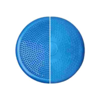 Blue circular disc split in half, left half with dense small bumps and right half with larger bumps.