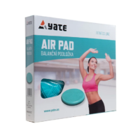 Package for Yate Air Pad balance pad; teal/white box features a woman in a pink top exercising with arms raised, and images of the air pad and balance disc.